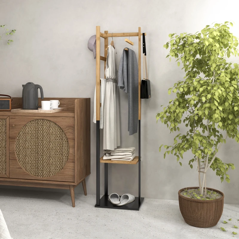 HOMCOM Portant pour vêtements en bambou, Porte-manteau en Bois avec tringle, étagères, patère, 4 barres latérales