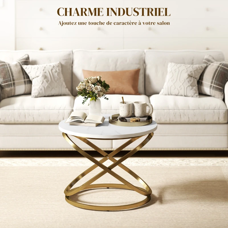HOMCOM Table basse ronde style industriel en métal Doré et Plateau Effet Marbre - dim. Ø 60 x 46H cm