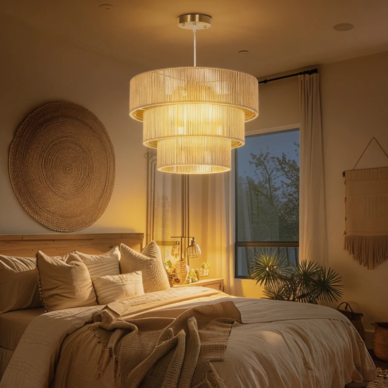 HOMCOM Hemp Rope Ceiling Light, 3-Layer Boho Pendant Light, 4 x E14 Vintage Ceiling Lamp Fixtures for Living Room, Bedroom, Kitchen, Hallway, Light Brown