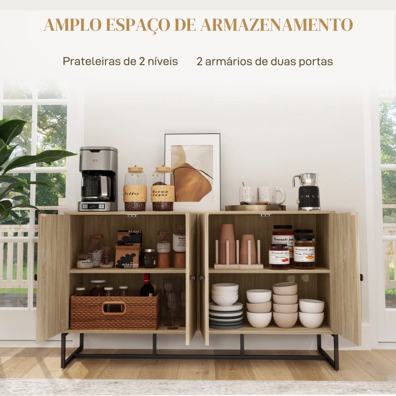 HOMCOM Aparador de Sala com 4 Portas com Design Chevron Prateleiras Ajustáveis Pés de Aço 140,5x40x81,5 cm Carvalho