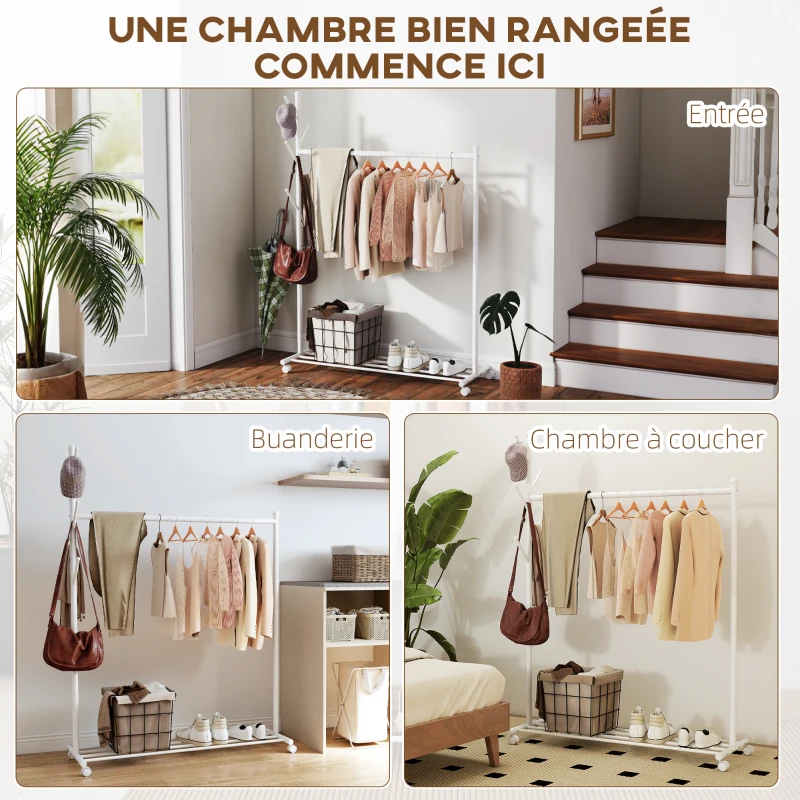 HOMCOM Portant à vêtements, porte-manteau sur roulettes avec étagère à chaussures et 5 crochets, 120 x 43 x 171 cm, blanc