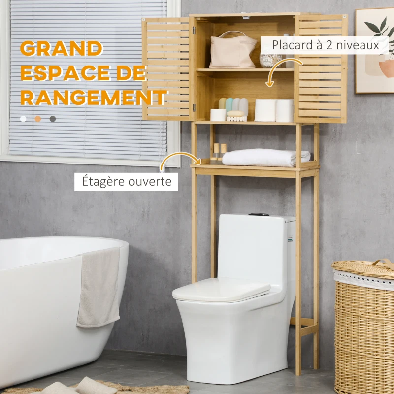 kleankin Étagère de toilettes meuble de salle de bain dessus toilette WC avec placard 2 portes et étagère ouverte 60 x 23 x 173 cm bambou