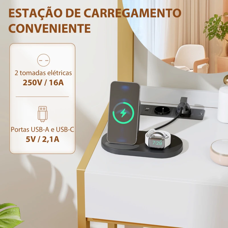 HOMCOM Toucador de Maquilhagem com Espelho e Banco Acolchoado Estação de Carregamento 2 Gavetas 3 Prateleiras para Quarto Branco