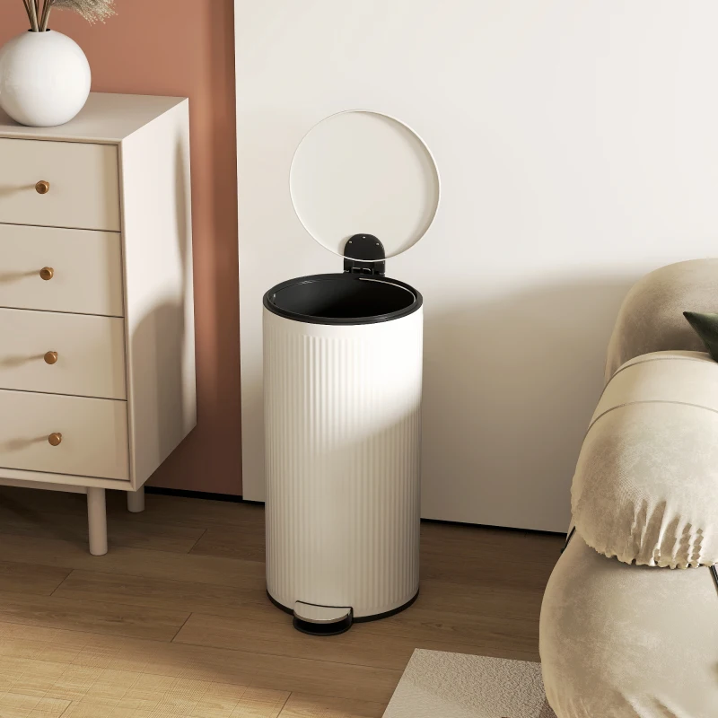 HOMCOM Balde do Lixo para Cozinha com Pedal 30L Cubo de Lixo Metálico com Tampa de Fecho Suave e Balde Removível 36x30x60,5 cm Creme