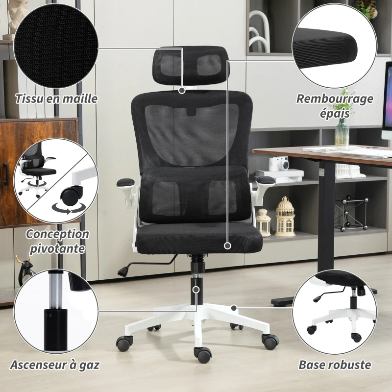 Vinsetto Fauteuil de bureau pivotant 360° avec appui-tête réglable et support lombaire - hauteur d'assise réglable noir