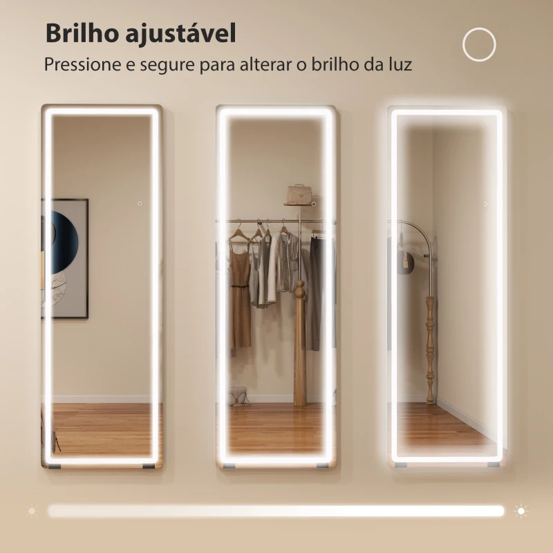 HOMCOM Espelho de Corpo Inteiro com Luzes 150x50 cm Sem Moldura 3 Temperaturas de Cor Brilho Ajustável Transparente