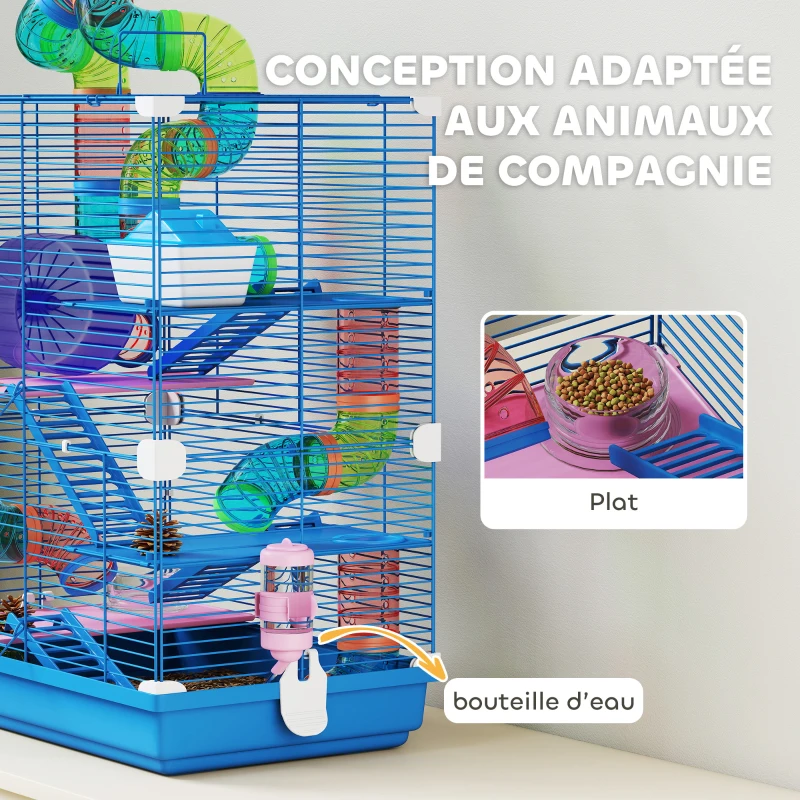 PawHut Cage pour hamster rongeur 4 étages avec tunnels mangeoire roue maison échelles 46 x 30 x 58 cm bleu(m-5)