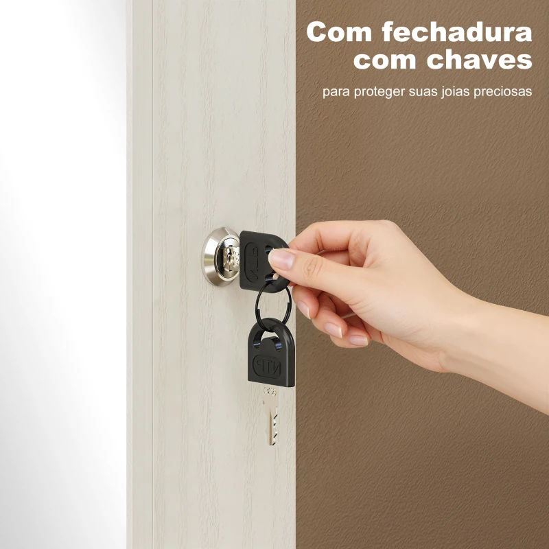 HOMCOM Espelho de Joias com Luz LED, Armário Montado na Parede ou Porta com Fechadura e Espelho Branco de Corpo Inteiro