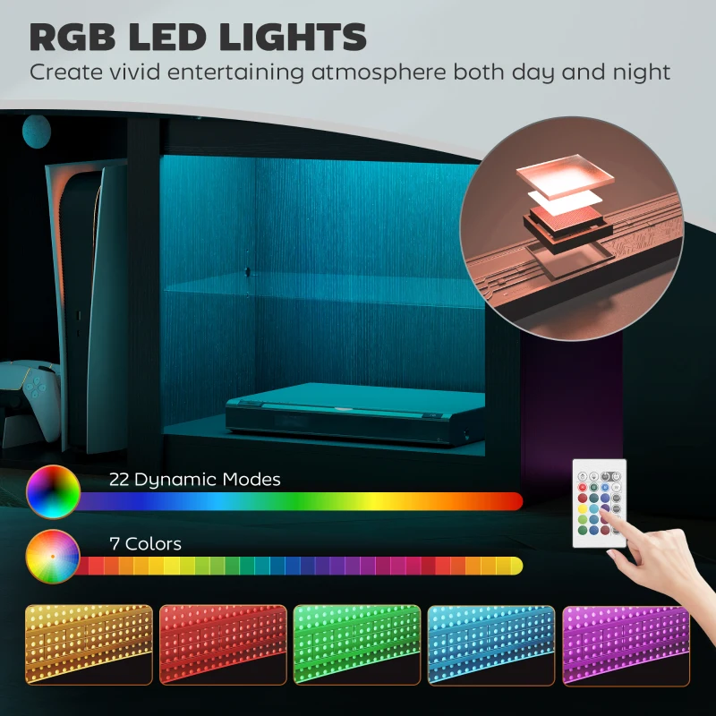 HOMCOM 65" TV Stand, with LED Lights and Storage - Black