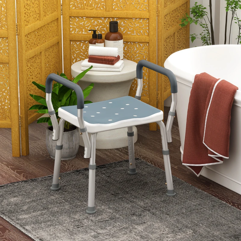 HOMCOM Tabouret de douche pour personnes âgées et handicapées avec accoudoirs, hauteur réglable, patins antidérapants, bleu
