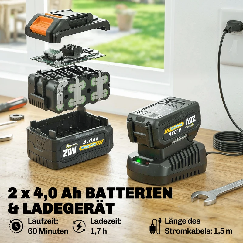 Outsunny Accu grastrimmer 21V met 2x4,0Ah accu's en oplader 25 cm maaibreedte verstelbare telescoopsteel