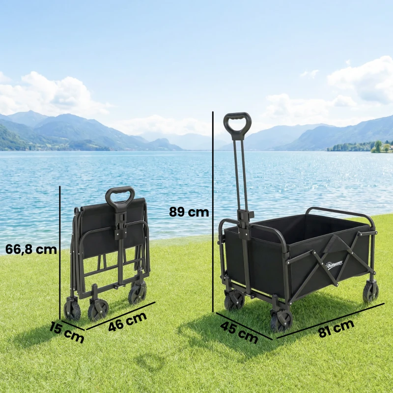 Outsunny Carrinho de Jardim Dobrável com Rodas Cabo Ajustável Carga 68 kg para Camping e Compras 81x45x89 cm Preto