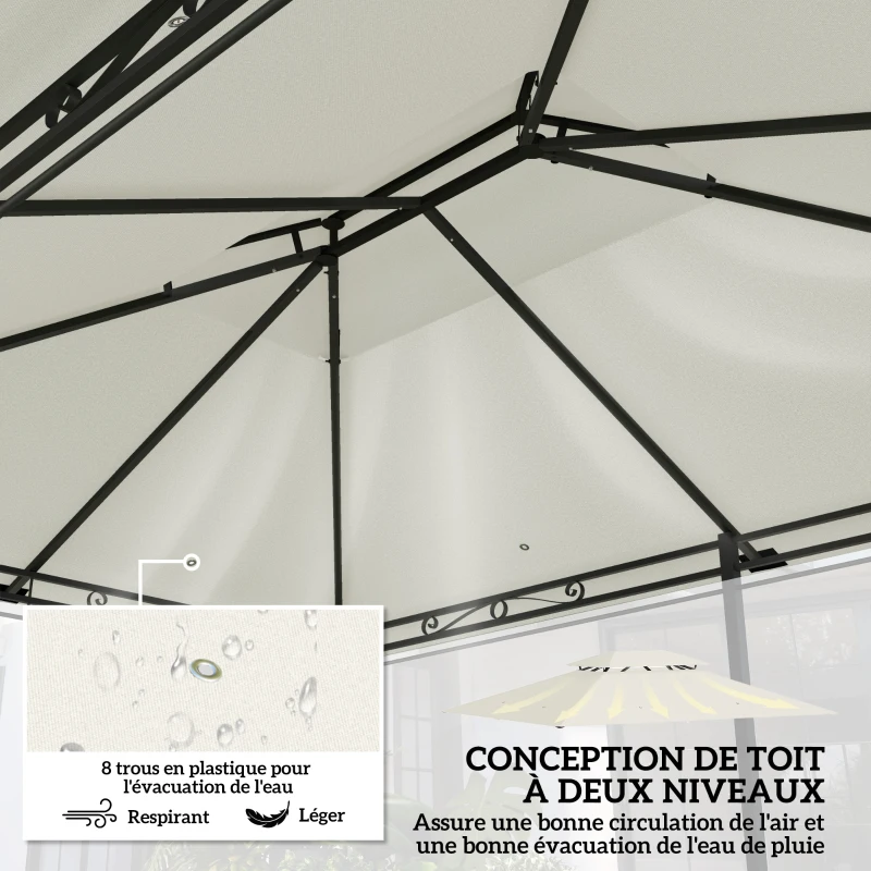 Outsunny Toile de rechange pour pavillon toile de tonnelle 4 x 3 m, double toit avec trous de drainage, polyester 180 g/m², crème