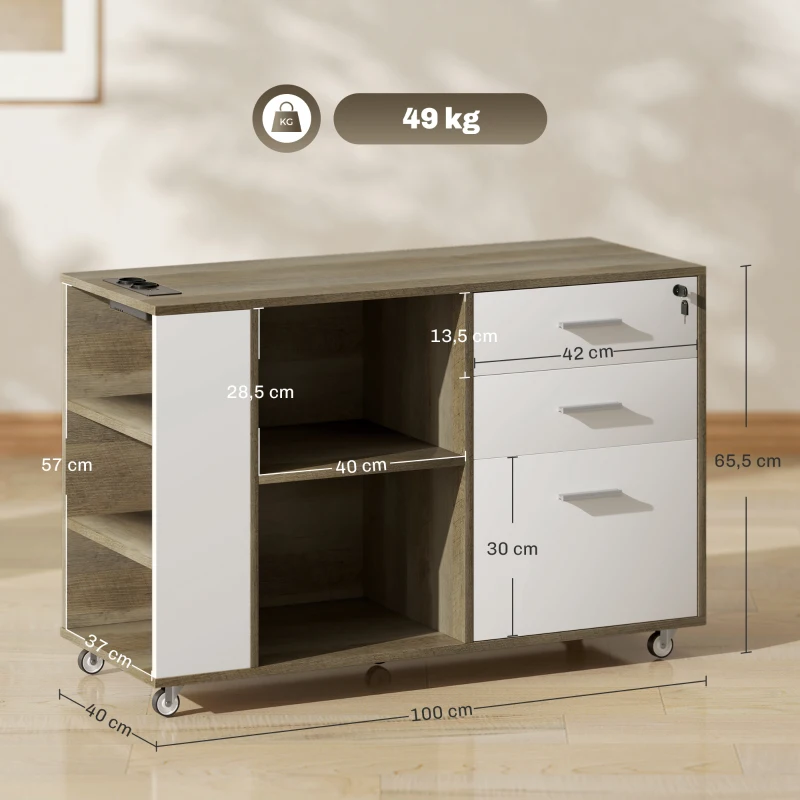HOMCOM Armário Arquivador de Escritório com Rodas 3 Gavetas Estação de Carga Fechadura e Prateleiras 100x40x65,5 cm Marrom Acinzentado