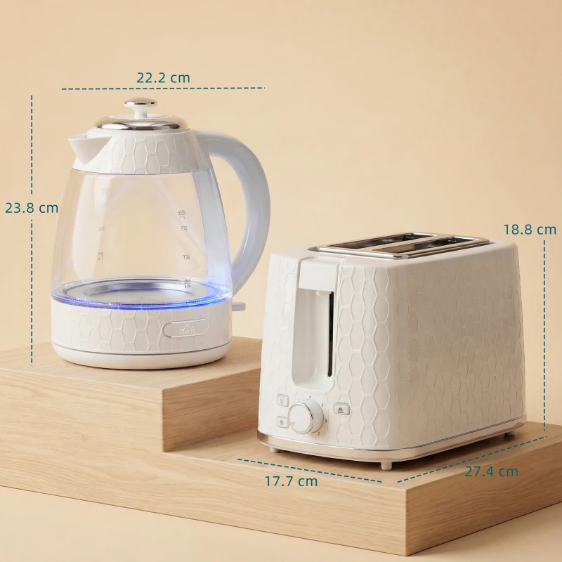 HOMCOM Kettle and Toaster Set, 1.7L 3000W Rapid Kettle with Limescale Filter, 2 Slice Toaster with 7 Browning Controls, Cream