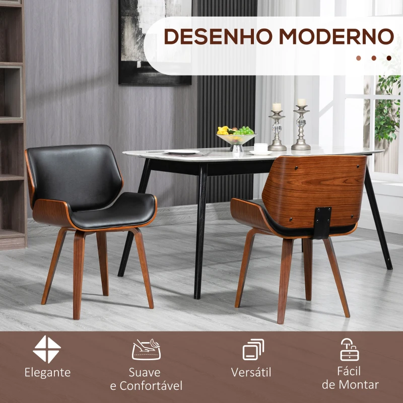 HOMCOM Conjunto de 2 Cadeiras de Jantar com Pés de Madeira Estofadas em Couro Sintético Encosto Curvado 53x54x81 cm Preto