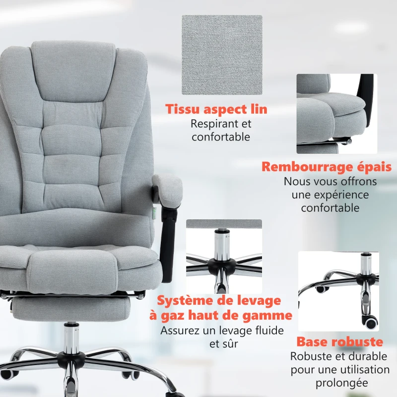 Vinsetto Fauteuil de bureau massant et chauffant, chaise de bureau, hauteur réglable, dossier inclinable, 65x70x111-119cm, gris