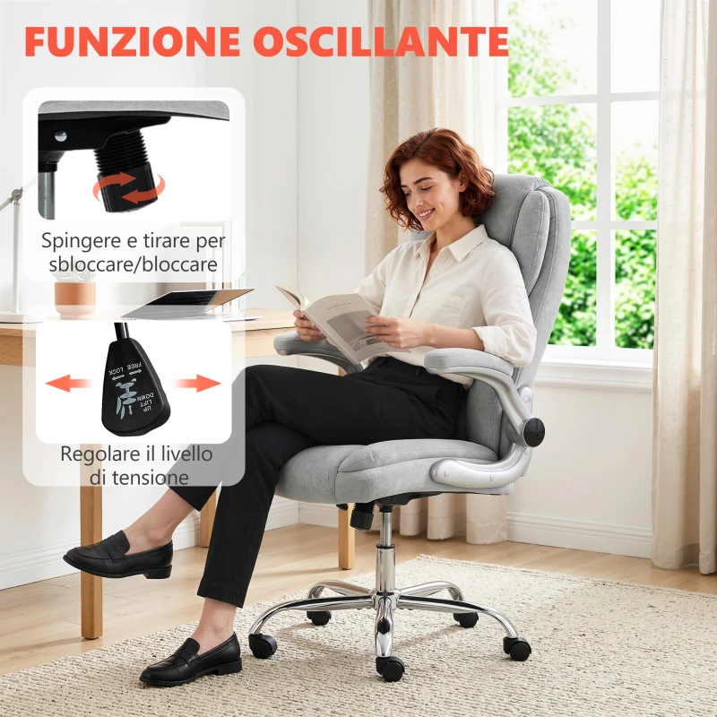HOMCOM Sedia Ergonomica, Schienale Alto Velluto Stampato, Braccioli Ribaltabili, Bianco Crema