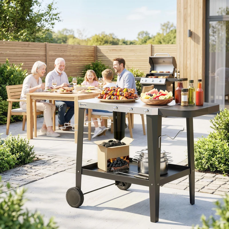 Outsunny Desserte Jardin 2 Niveaux Plateau en Inox avec Table Latérale Pliable et Roulettes, 115x67,5x80,5cm, Noir