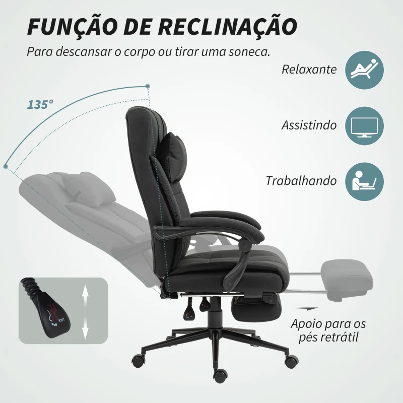 Vinsetto Cadeira de Escritório Reclinável com Altura Ajustável Apoio para Pés Encosto de Cabeça e Apoios para Braços 66x76x112-120 cm Preto