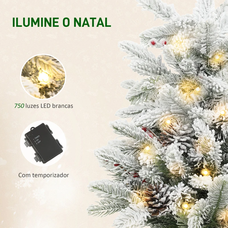 HOMCOM Mini Árvore de Natal Artificial com 35 Luzes LED 182 Ramos com Neve Pinhas Bagas e Base de Saco de Juta Ø48x60 cm Verde