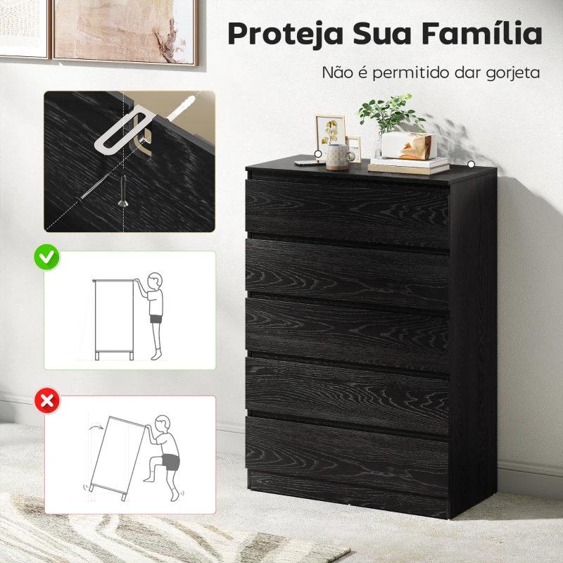HOMCOM Cómoda 5 Gavetas Cômoda para Quarto Móvel de Arrumação Estilo Moderno 77x40x111,5 cm Preto Veteado