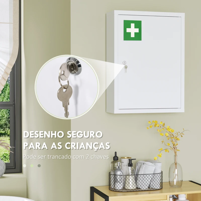 kleankin Armário de Parede para Medicamentos de Aço com 3 Prateleiras e 2 Chaves para Casa de Banho 40x15x53,5 cm Branco