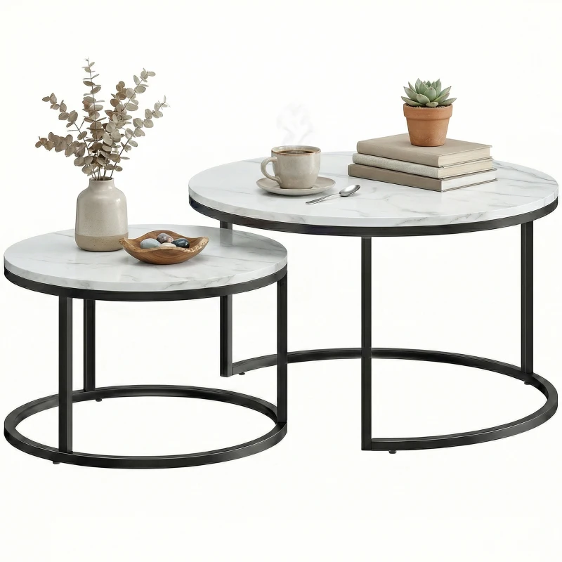 HOMCOM Set of Two Marble-Effect Stacking Tables - White