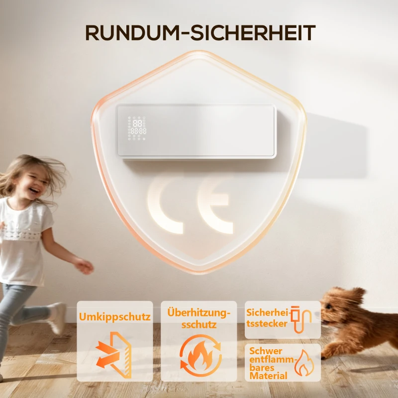 HOMCOM Wandmontierter 2000W Keramik Elektroheizer, Ventilator, Thermostat, Timer, Fernbedienung, Glaspaneel, Weiß