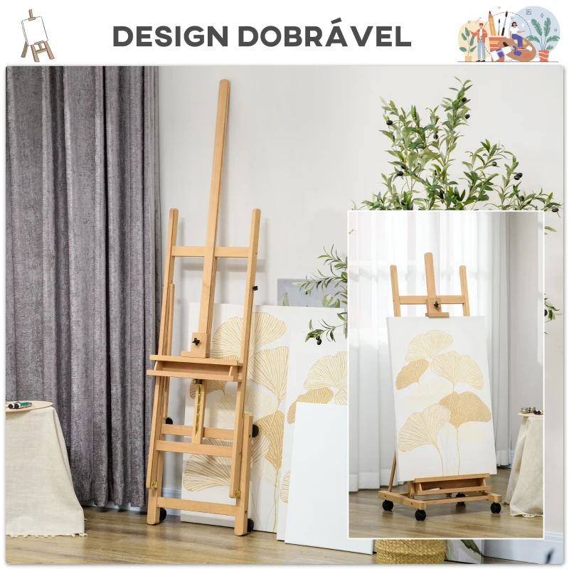 Vinsetto Cavalete de Pintura Dobrável 238 cm Cavalete de Madeira com Rodas Altura Ajustável Bandeja Madeira