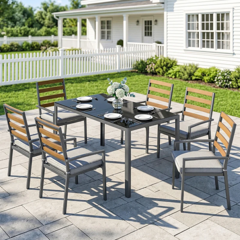 Outsunny Ensemble repas de jardin 7 pièces, table et chaises pour 6 personnes, noir