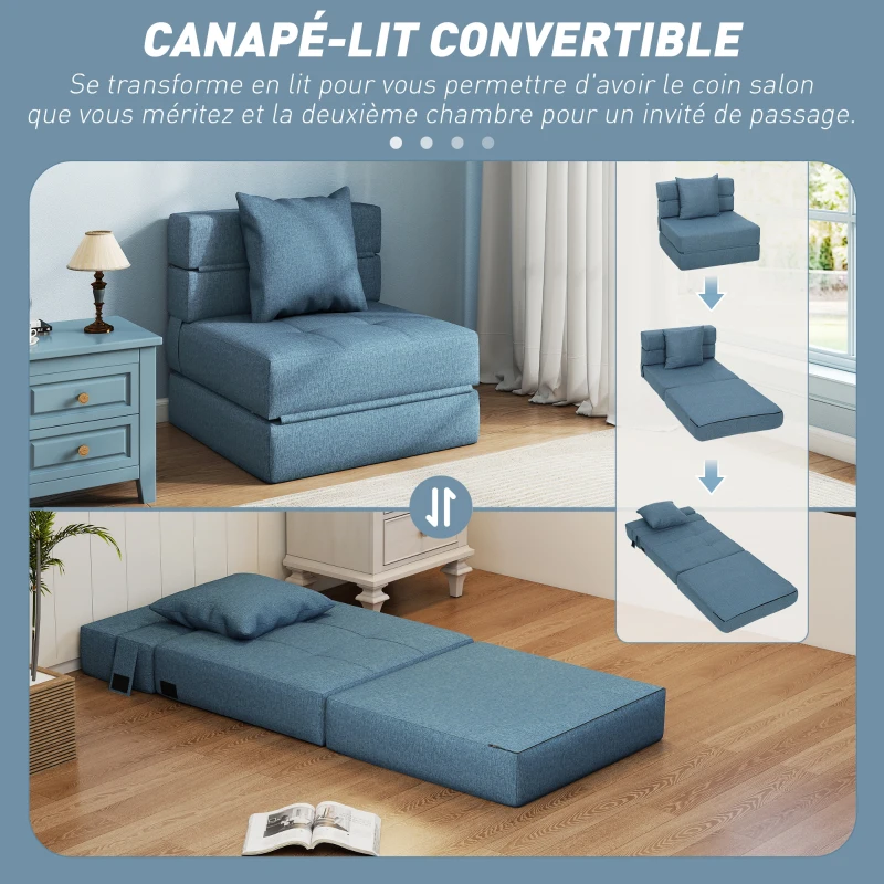 HOMCOM Chauffeuse canapé-lit convertible fauteuil 1 place avec 1 coussin déhoussable, tissu bleu foncé