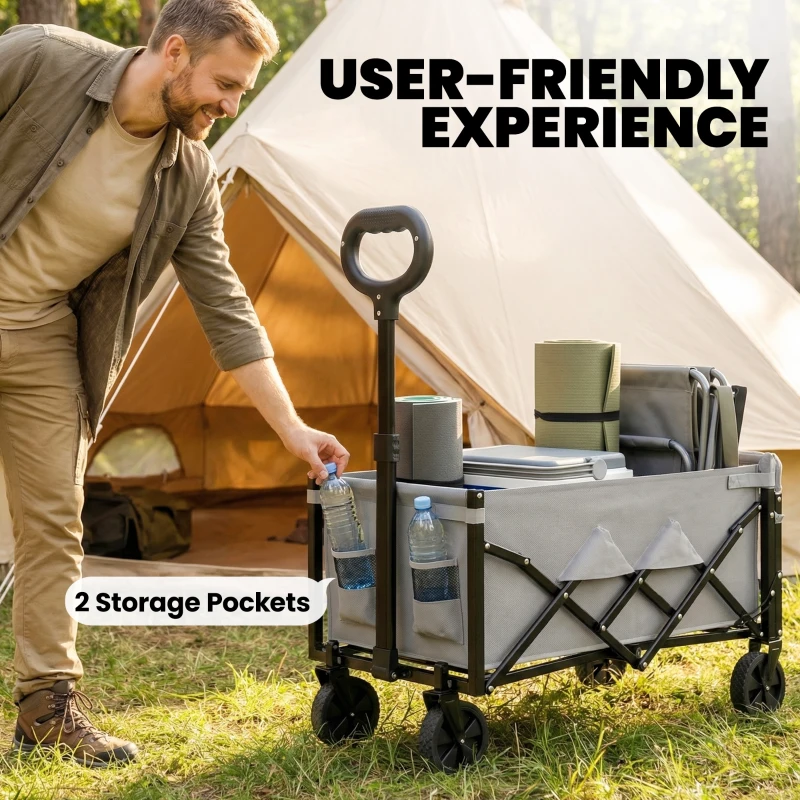 Outsunny 60L Foldable Festival Trolley on Wheels, Collapsible Wagon Cart with Drop-Down Tailgate, Adjustable Handle, Grey