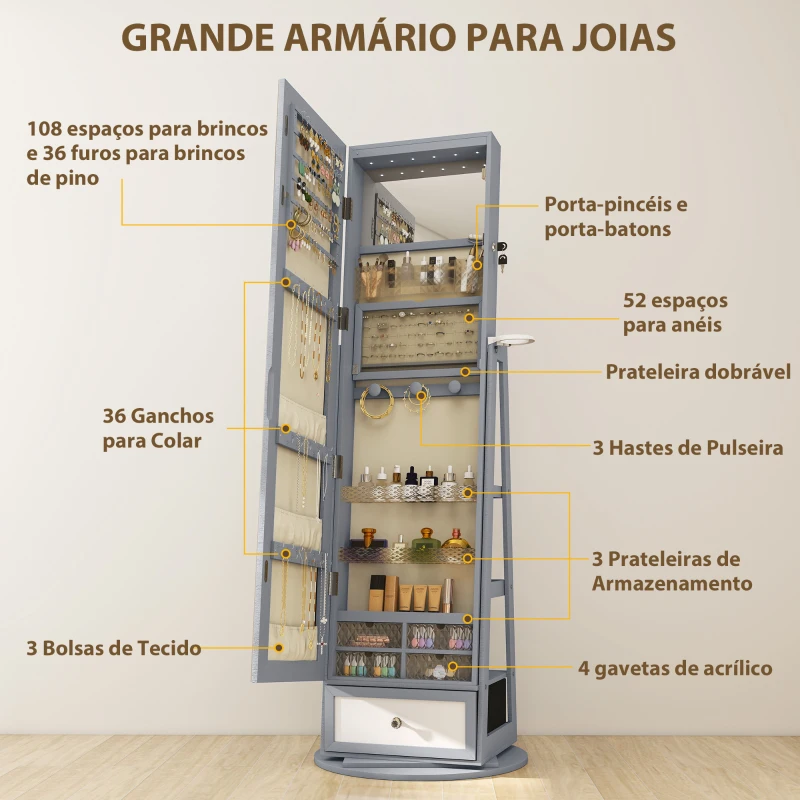 HOMCOM Espelho de Pé Giratório 360° com Espelho com Interior Iluminado Organizador de Jóias com Prateleiras e Gavetas 56x56x164