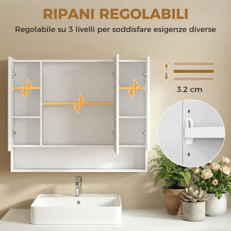 kleankin Specchiera Bagno con Armadietto 3 Ante Soft Close e Ripiani Regolabili, 90x15x75 cm, Bianco