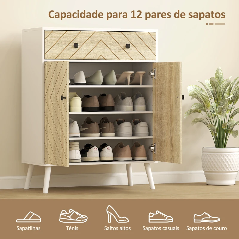 HOMCOM Sapateira de 2 Portas com Design em Espiga Prateleiras Ajustáveis Gaveta para 12 Pares de Sapatos 75x35x97 cm, Branco e Madeira