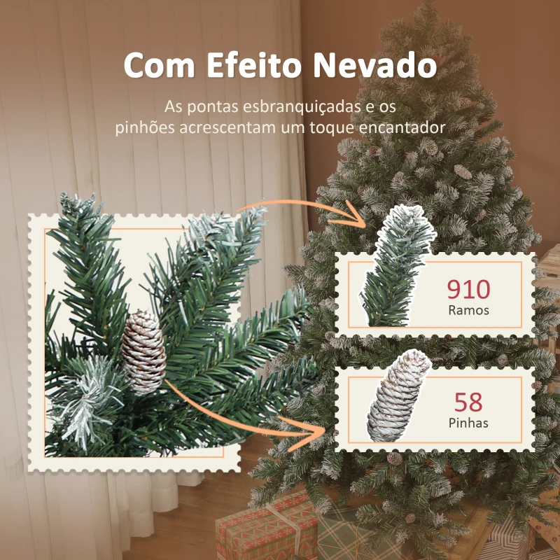 HOMCOM Árvore de Natal Artificial 180 cm Árvore de Natal com 910 Ramos com Efeito Neve 58 Pinhas Verde