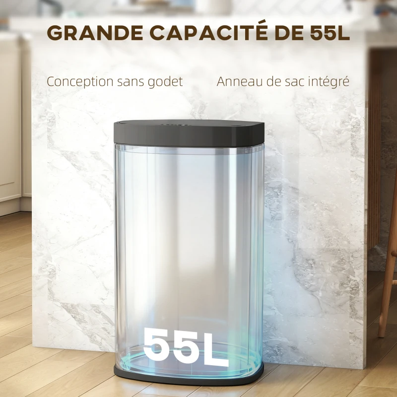 HOMCOM Poubelle cuisine automatique 55L en acier inoxydable, poubelle à couvercle à fermeture en douceur, 38x28,5x69cm, argent