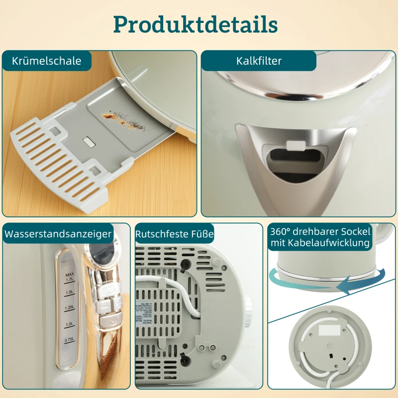 HOMCOM Wasserkocher- und Toaster-Set, LED-Anzeige, 1,7 Liter, 2200W, Retro-Design, Memory-Funktion, Grau