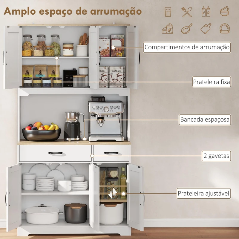 HOMCOM Armário de Cozinha Alto Móvel Auxiliar de Cozinha com Bancada Aberta para Micro-Ondas 2 Gavetas Prateleiras Ajustáveis 94x39,5x175,2 cm Branco