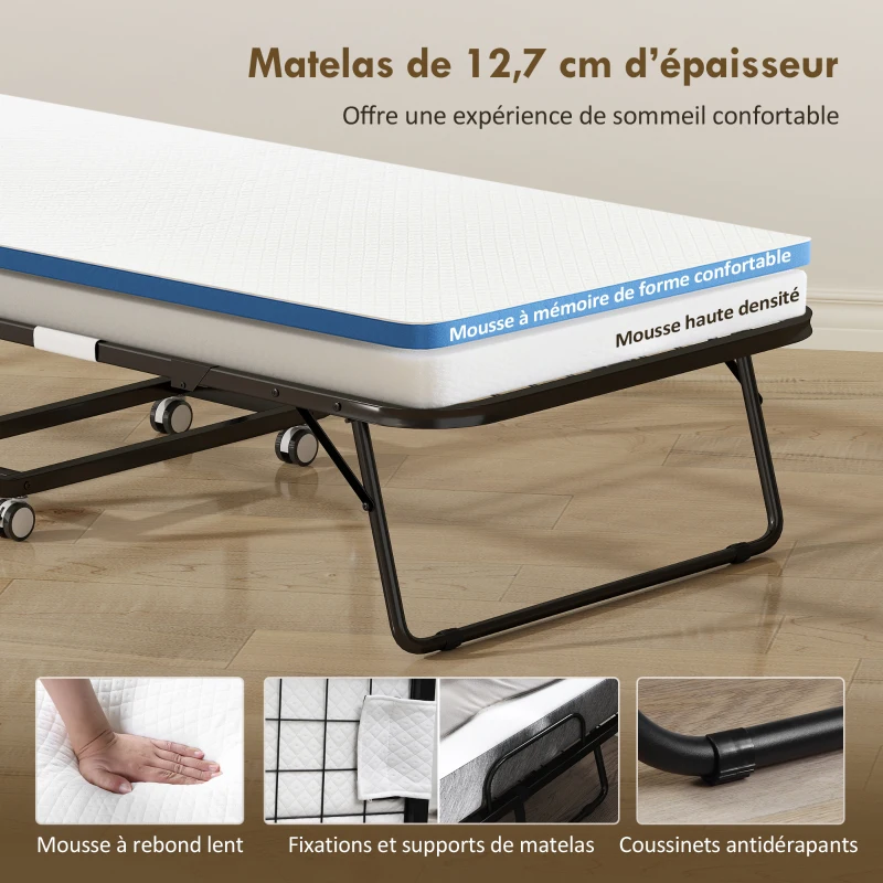 HOMCOM Lit pliant 1 personne 200 x 80 cm avec matelas, lit d'appoint pliable et portable sur roulettes, cadre en acier, blanc