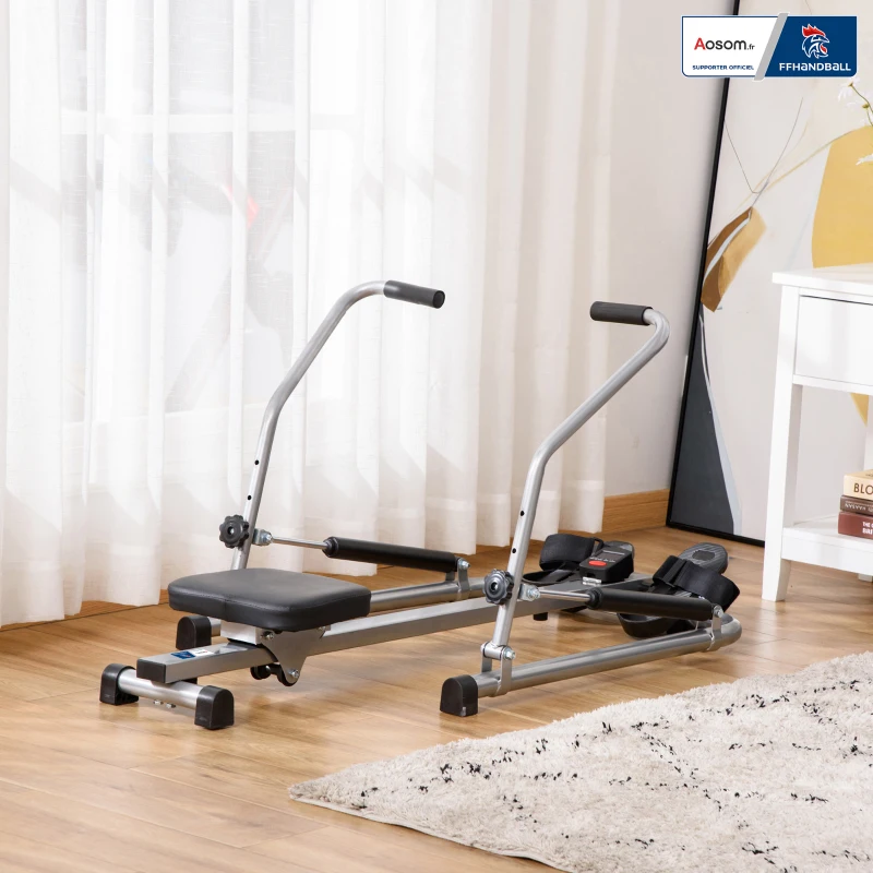 Rameur d'appartement pliable - Collaboration Aosom.fr x FFHandball - 3 niveaux de résistance écran multifonction, acier