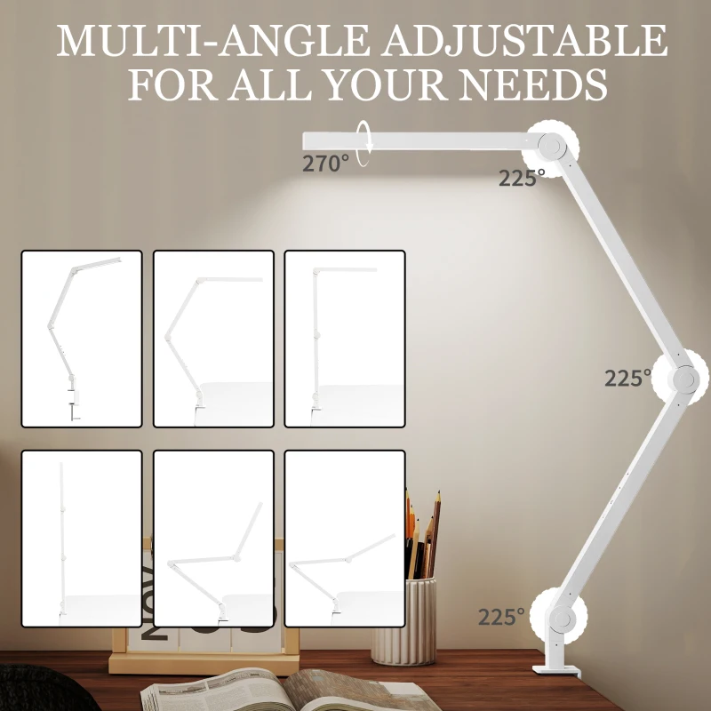 HOMCOM LED Desk Lamp, Dimmable Desk Light with Swing Arm and Clamp, Adjustable Eye-Caring Table Lamp with 2 Colour Modes & 5 Brightness Levels for Study, Drawing, Office, Architect, Task, White