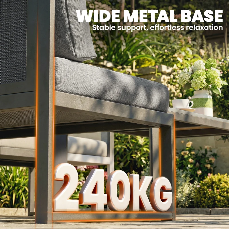 Outsunny Ensemble canapé d'angle de jardin en métal, 3 fauteuils, table effet bois, gris foncé