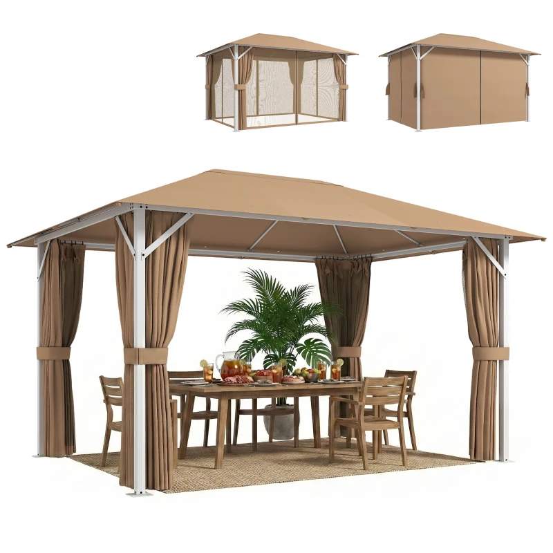 Outsunny Tonnelle de Jardin Pavillon Structure Stable en Métal 60mm Protection UV50+ et 10 Trous de Drainage 394x294x255cm Khaki