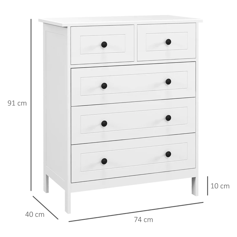 HOMCOM Commode meuble de rangement 5 tiroirs pour chambre, bureau, entrée, blanc et poignée métal noir(m-3)