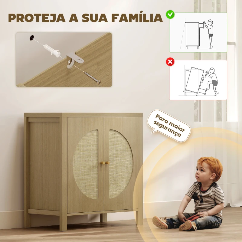 HOMCOM Aparador de Cozinha com 2 Portas de Vime Sintético Móvel Auxiliar de Cozinha com Prateleira Ajustável 75x38x77 cm Madeira