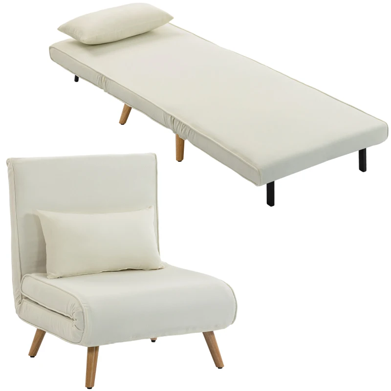 HOMCOM Fauteuil chauffeuse convertible 3 en 1 lit fauteuil lit 1 place dossier 5 positions en tissu avec coussin, crème