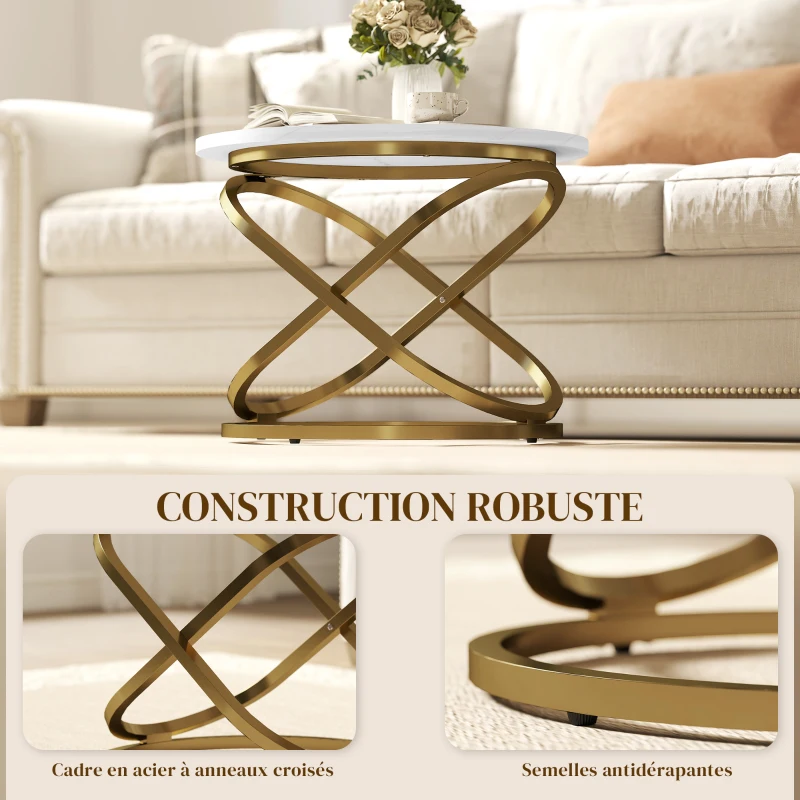 HOMCOM Table basse ronde style industriel en métal Doré et Plateau Effet Marbre - dim. Ø 60 x 46H cm