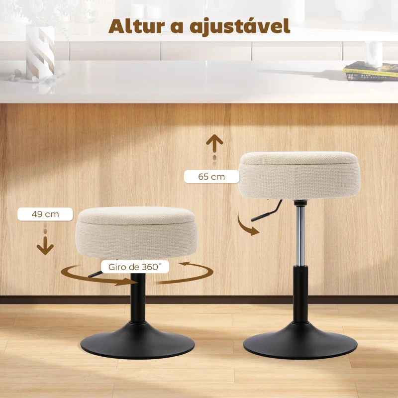 HOMCOM Banco de Bar com Armazenamento Altura Ajustável Giratório Estofado em Chenilla 39x39x49-65 cm Bege
